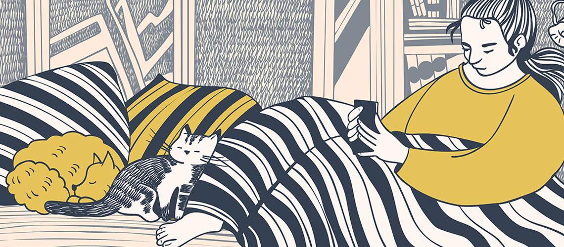 Illustration of a woman sitting and relaxing with a dog and a cat.