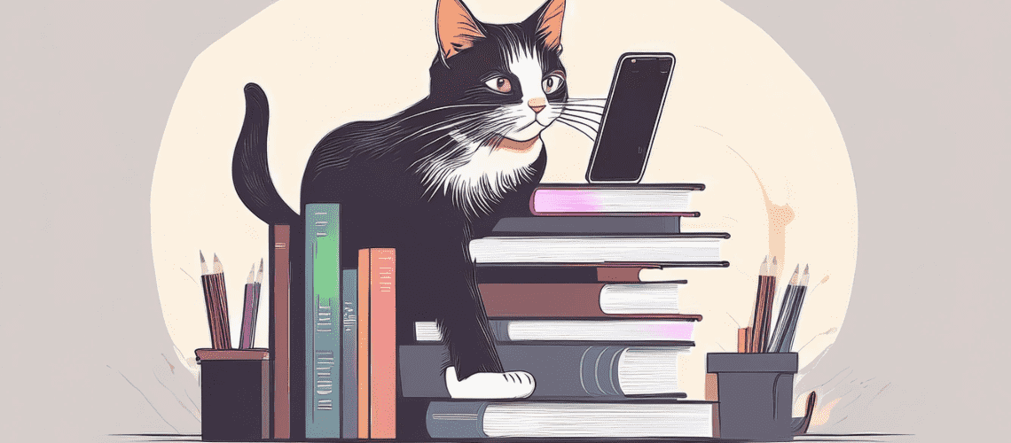 Cat with phone and books.