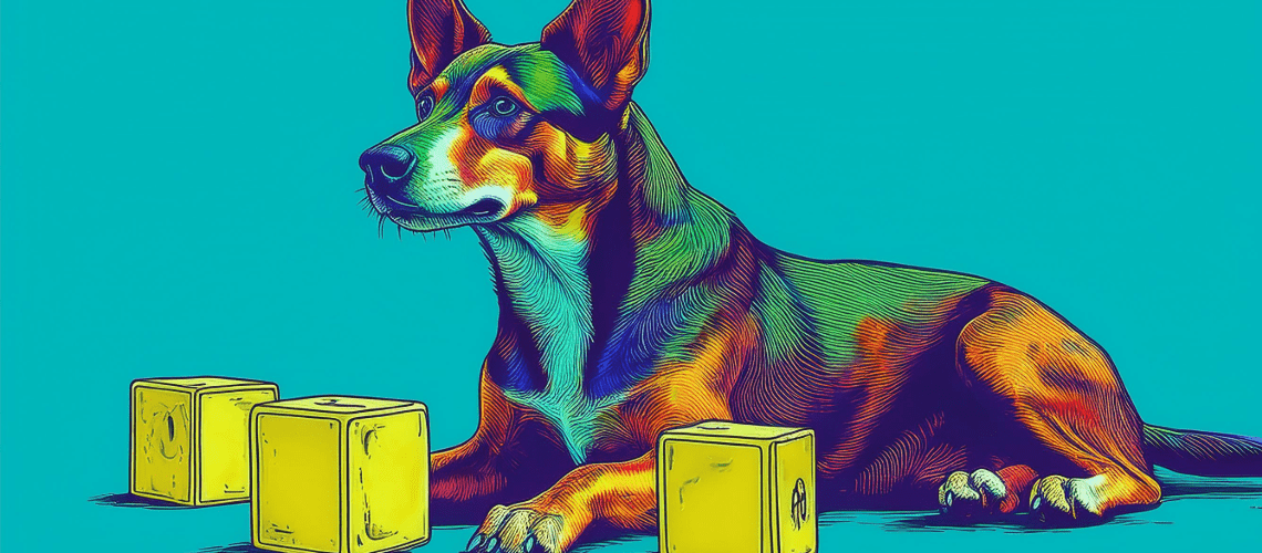 Illustration of a dog with blocks.