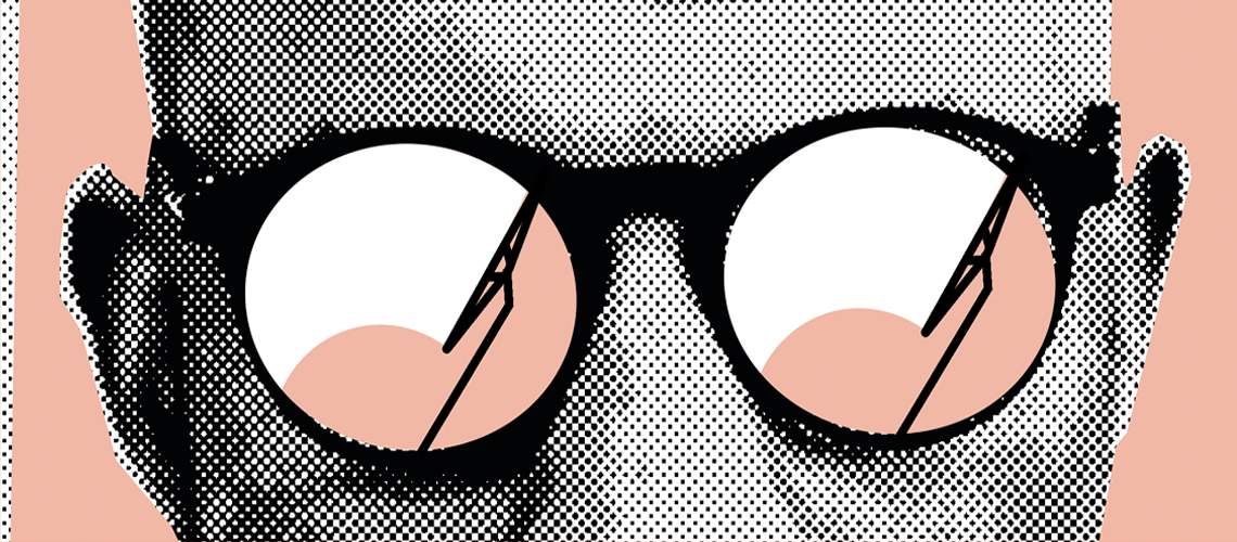 Illustration of glasses on a face.