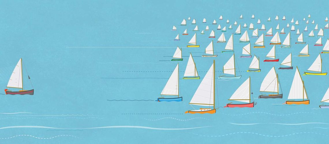 Illustration of a sailboat behind other sailboats.