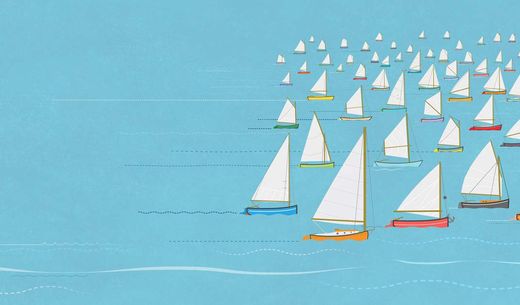 Illustration of a sailboat behind other sailboats.