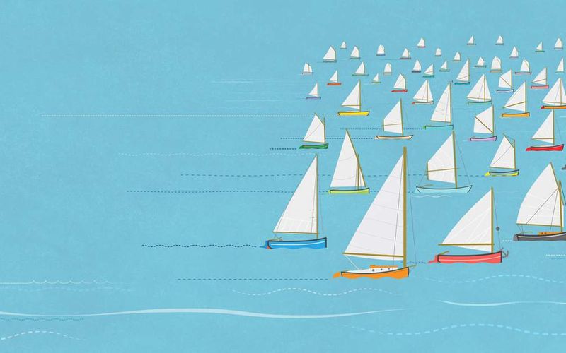 Illustration of a sailboat behind other sailboats.