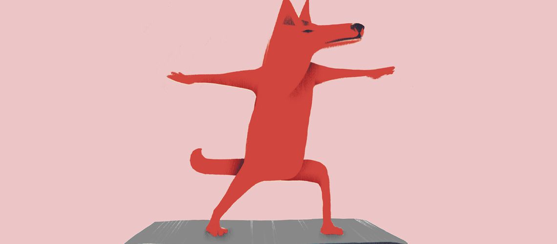 Illustration of a dog in warrior pose on a yoga mat.