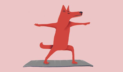 Illustration of a dog in warrior pose on a yoga mat.