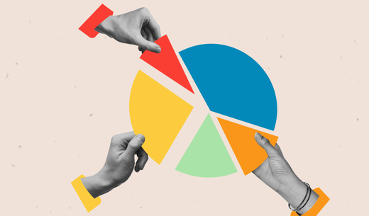 Graphic illustration of a pie chart and hands.
