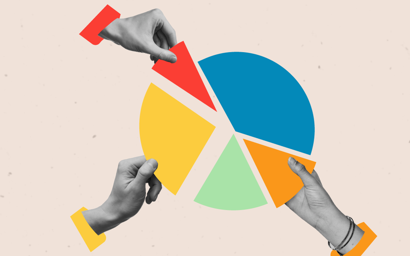 Graphic illustration of a pie chart and hands.