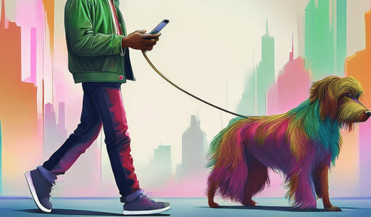 Illustration of a man walking with his dog and texting.