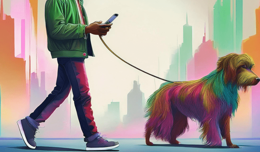Illustration of a man walking with his dog and texting.