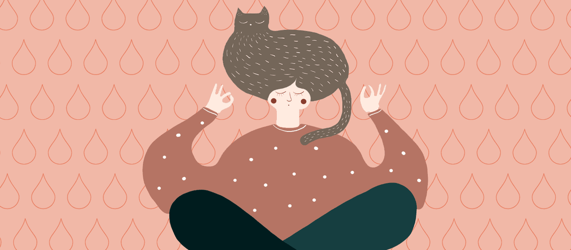 Illustration of a woman doing yoga with a cat on her head.