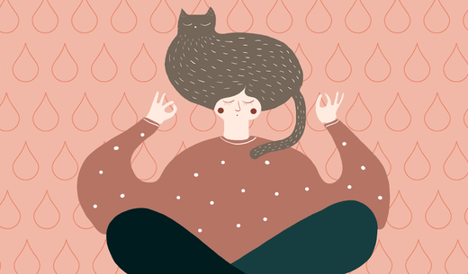 Illustration of a woman doing yoga with a cat on her head.