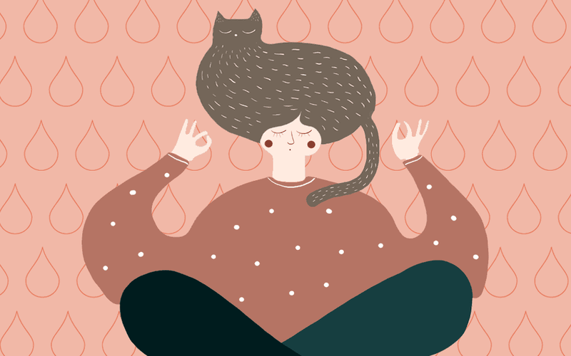Illustration of a woman doing yoga with a cat on her head.