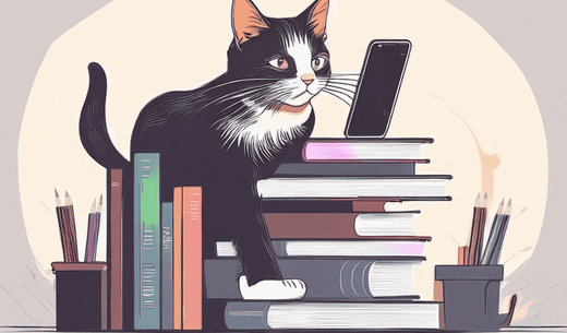 Cat with phone and books.
