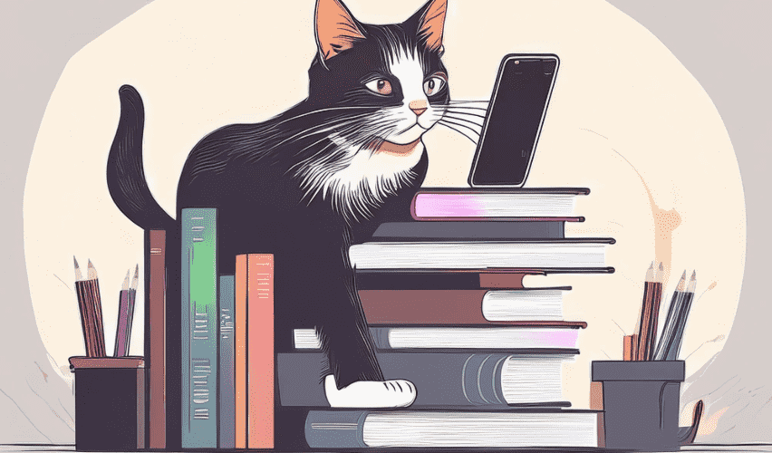 Cat with phone and books.