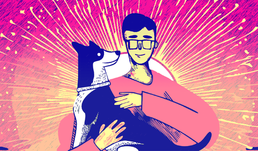 Vet tech holding dog.