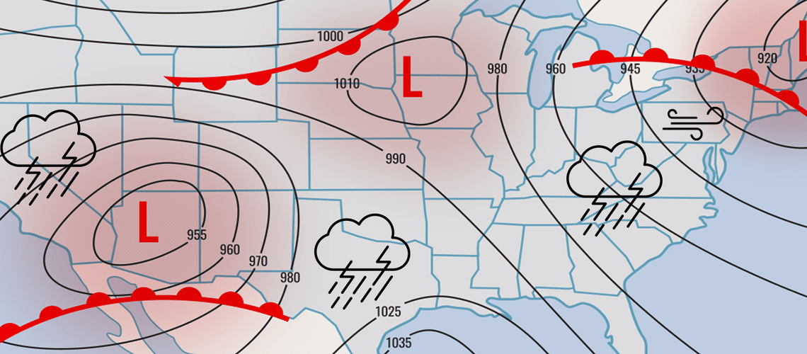 Illustration of a weather map with low pressure areas.