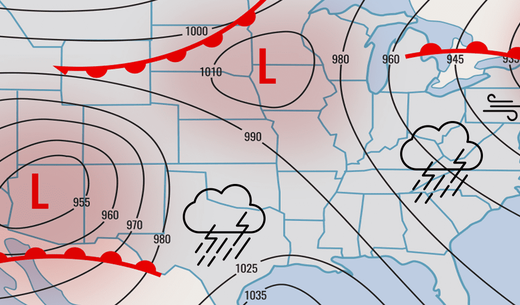 Illustration of a weather map with low pressure areas.