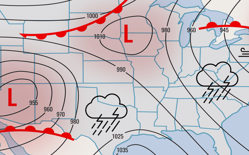 Illustration of a weather map with low pressure areas.