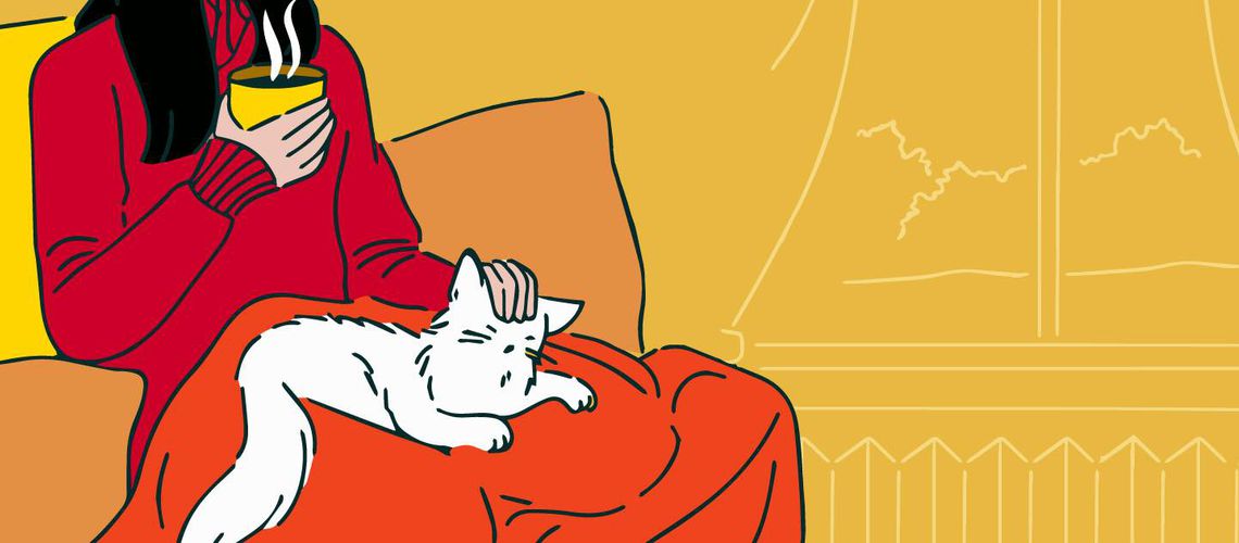 Illustration of a veterinarian resting on the couch with a cat on her lap.