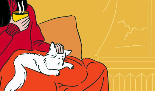 Illustration of a veterinarian resting on the couch with a cat on her lap.