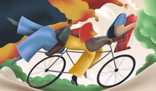 Illustration of people riding a bike.