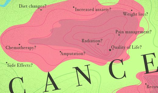 Illustration of a map with cancer topics.