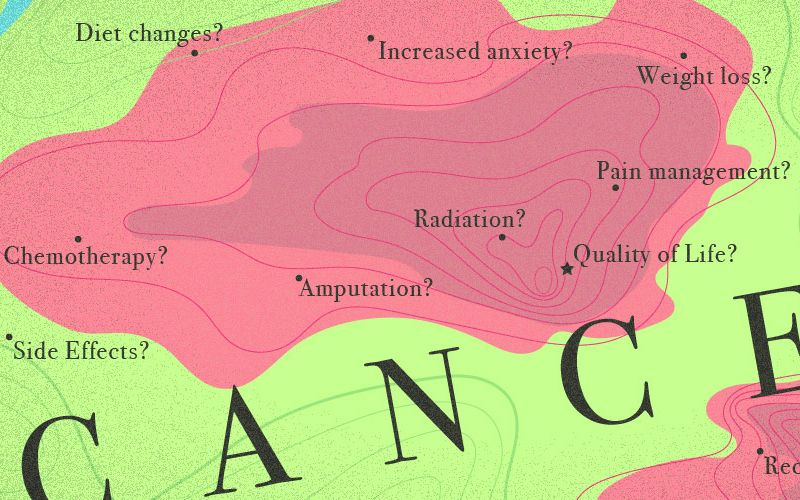 Illustration of a map with cancer topics.