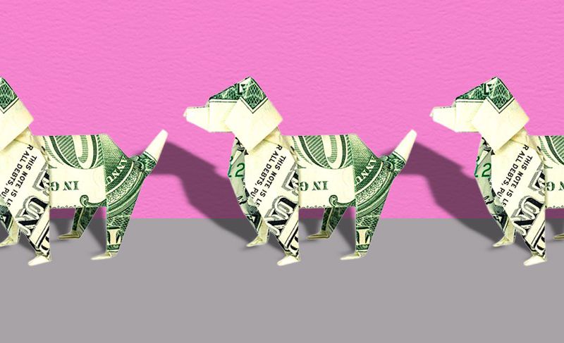 Illustration of dogs made from dollar bills.
