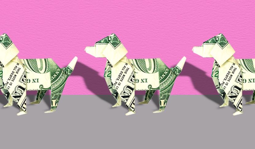 Illustration of dogs made from dollar bills.