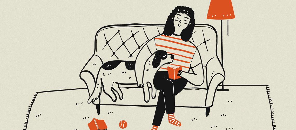 Illustration of a person sitting on a couch.
